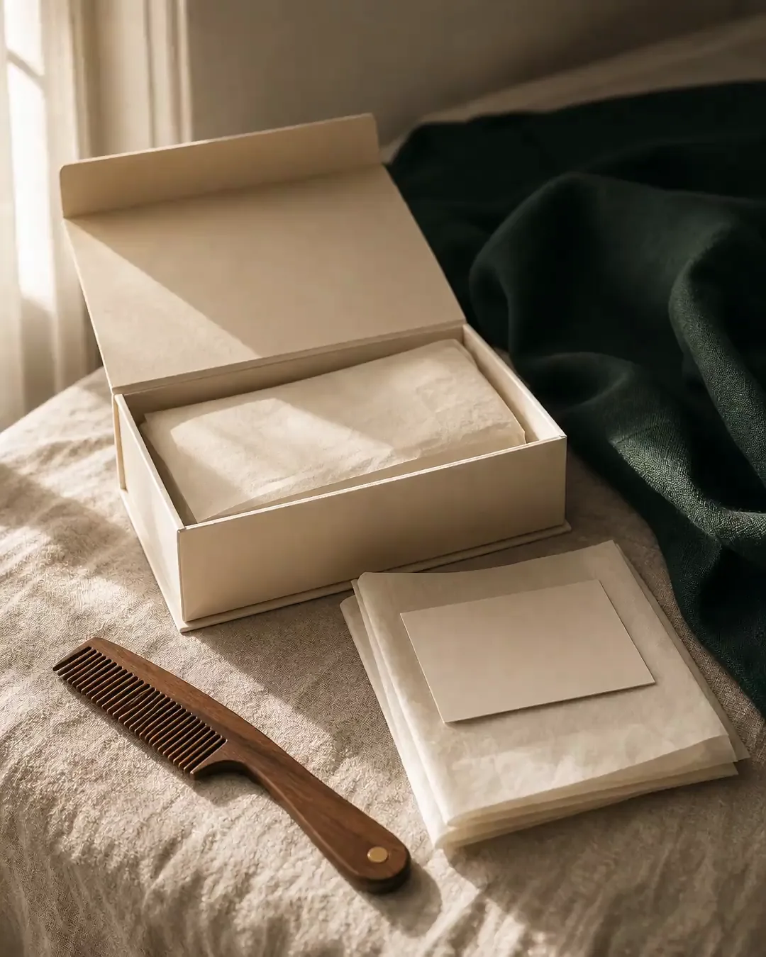 An open collection kit with a wooden comb and folded tissue on linen