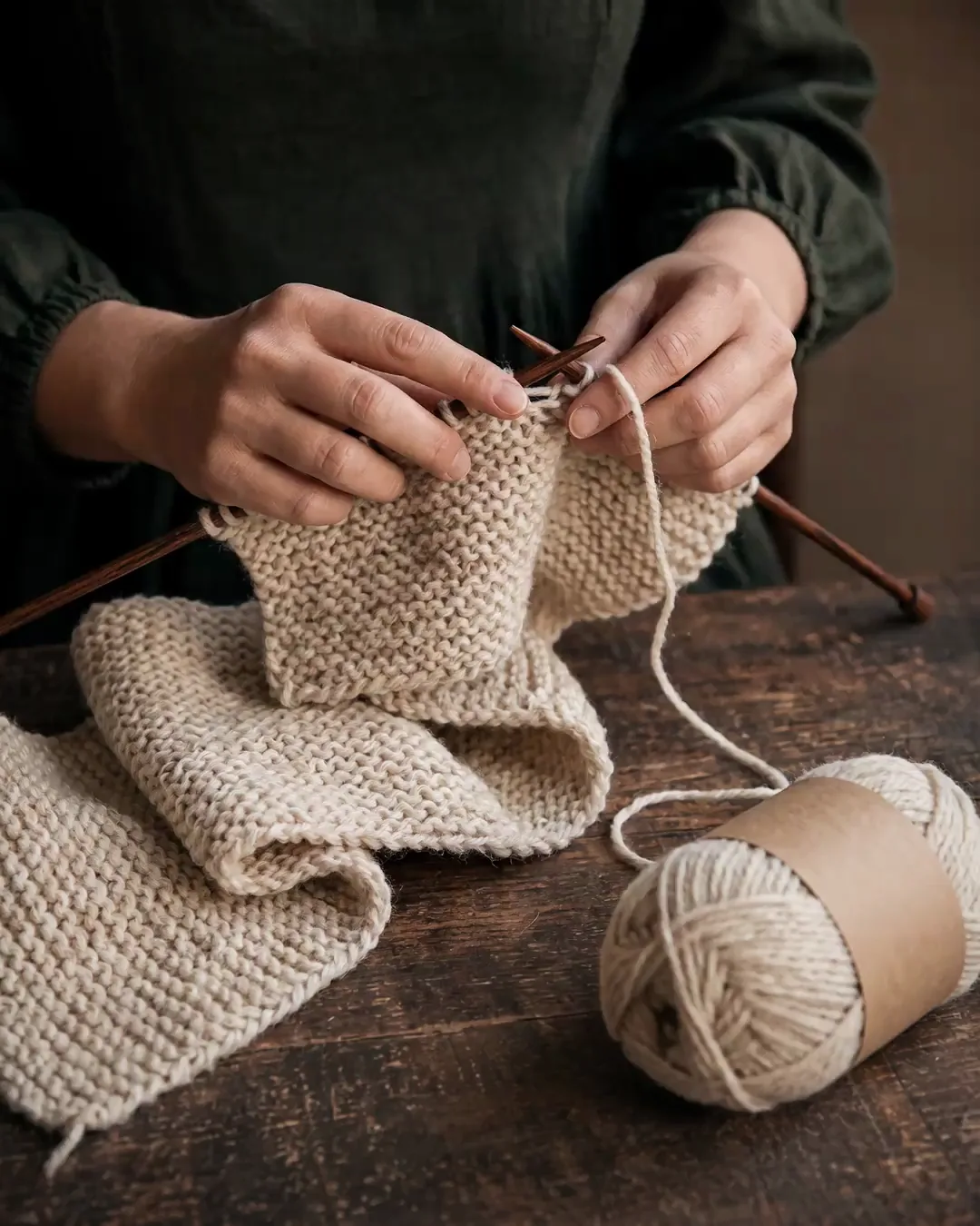 Hands knitting undyed yarn into a scarf on two wooden needles