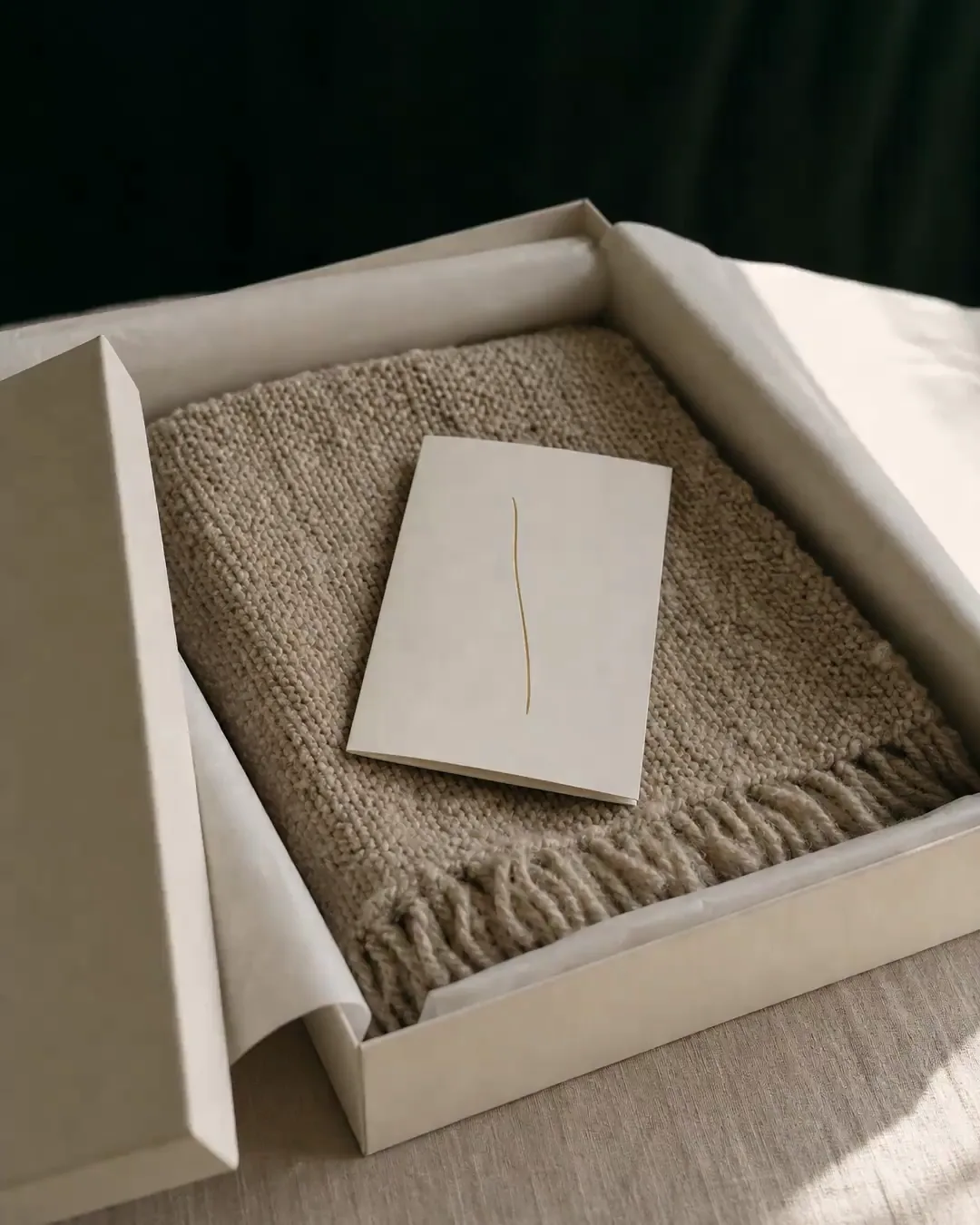 A folded undyed scarf and slim booklet nestled in an ivory presentation box
