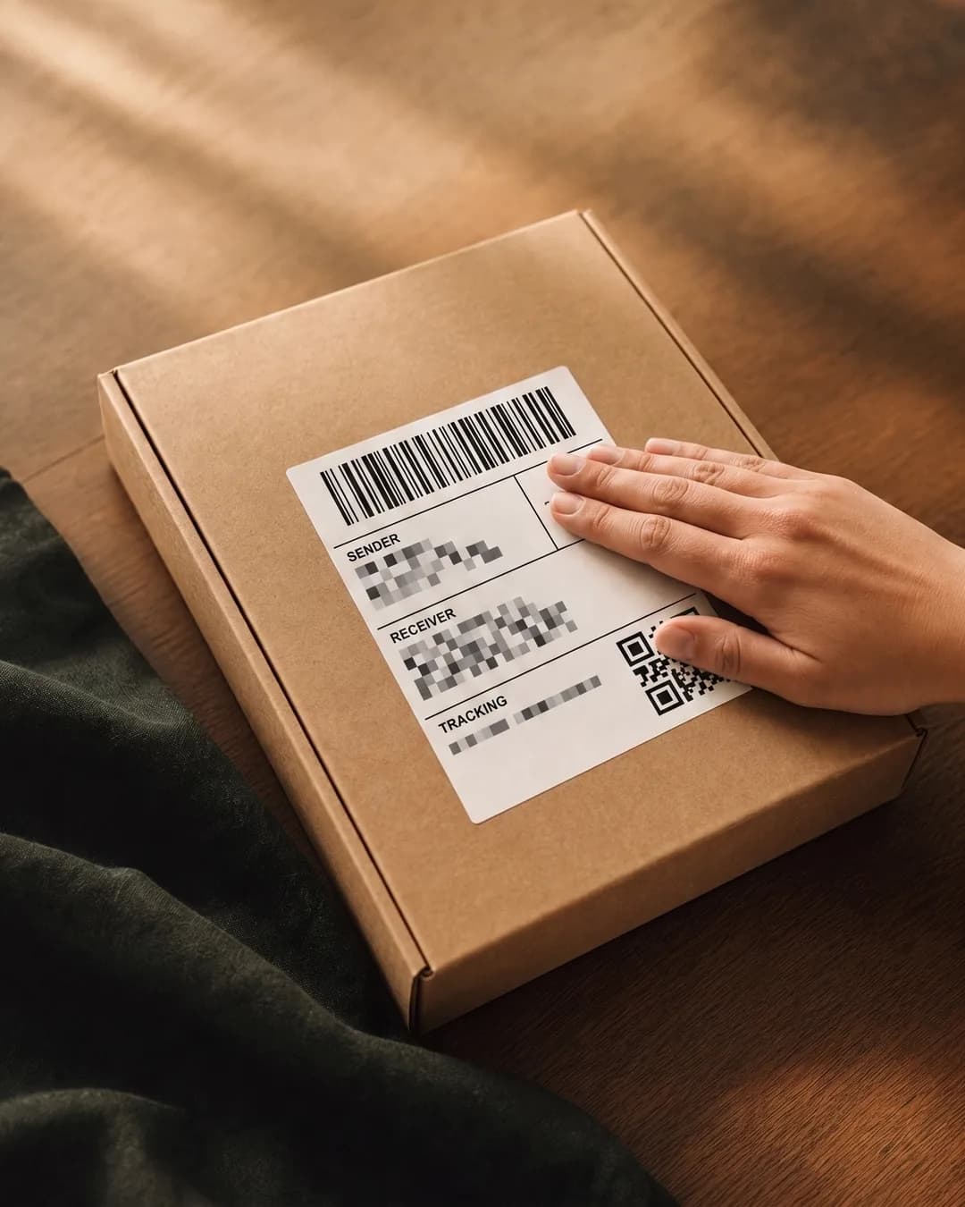 A hand smoothing a prepaid return label on a sealed kraft box