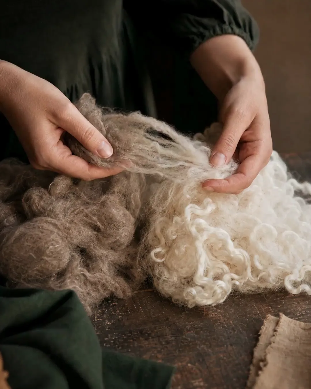 Hands blending companion fibre with cream wool on a workbench