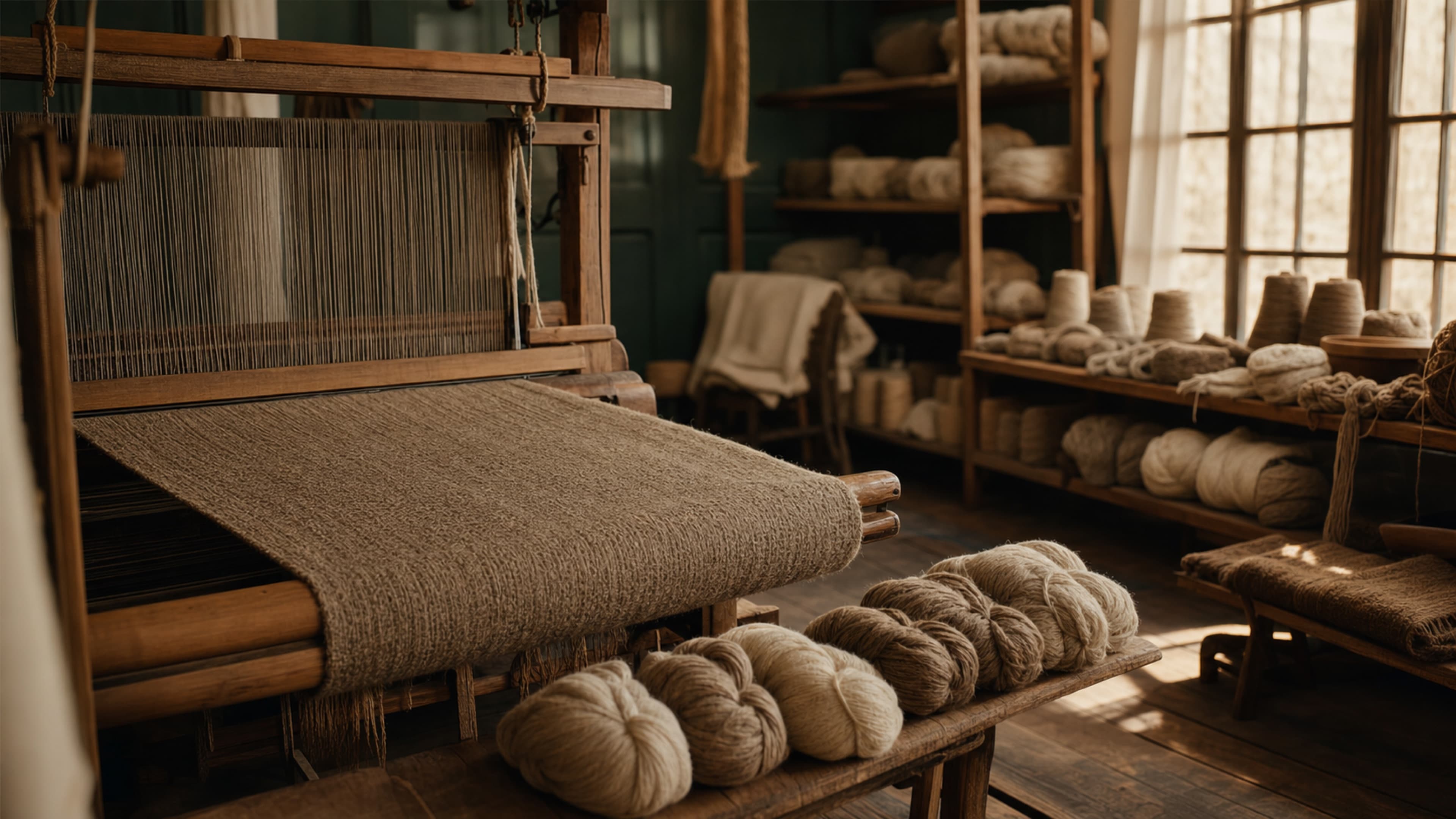 A workshop with knitting needles and shelves of undyed yarn in afternoon light