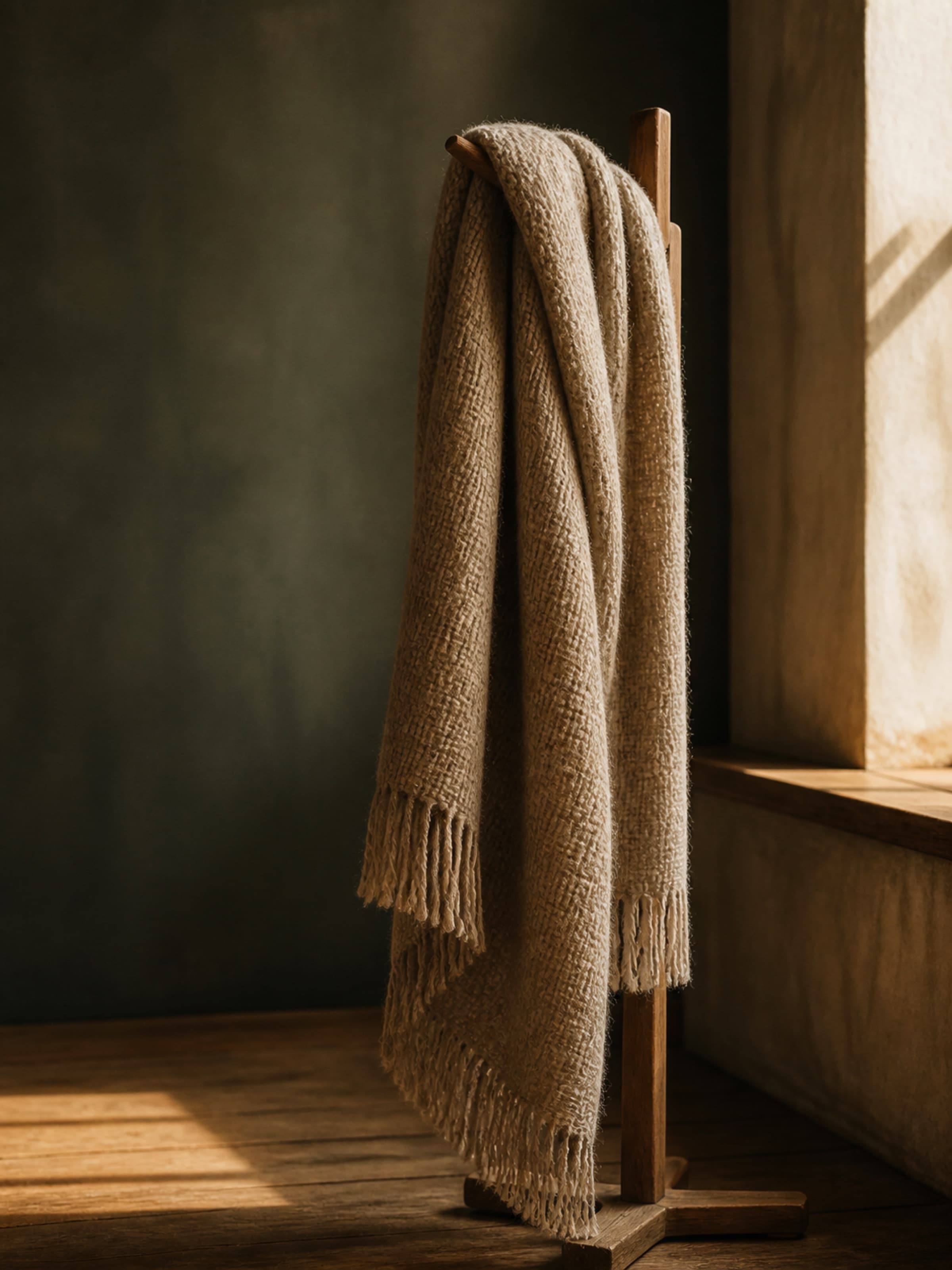 A solid taupe knit scarf draped on a wooden stand in warm window light