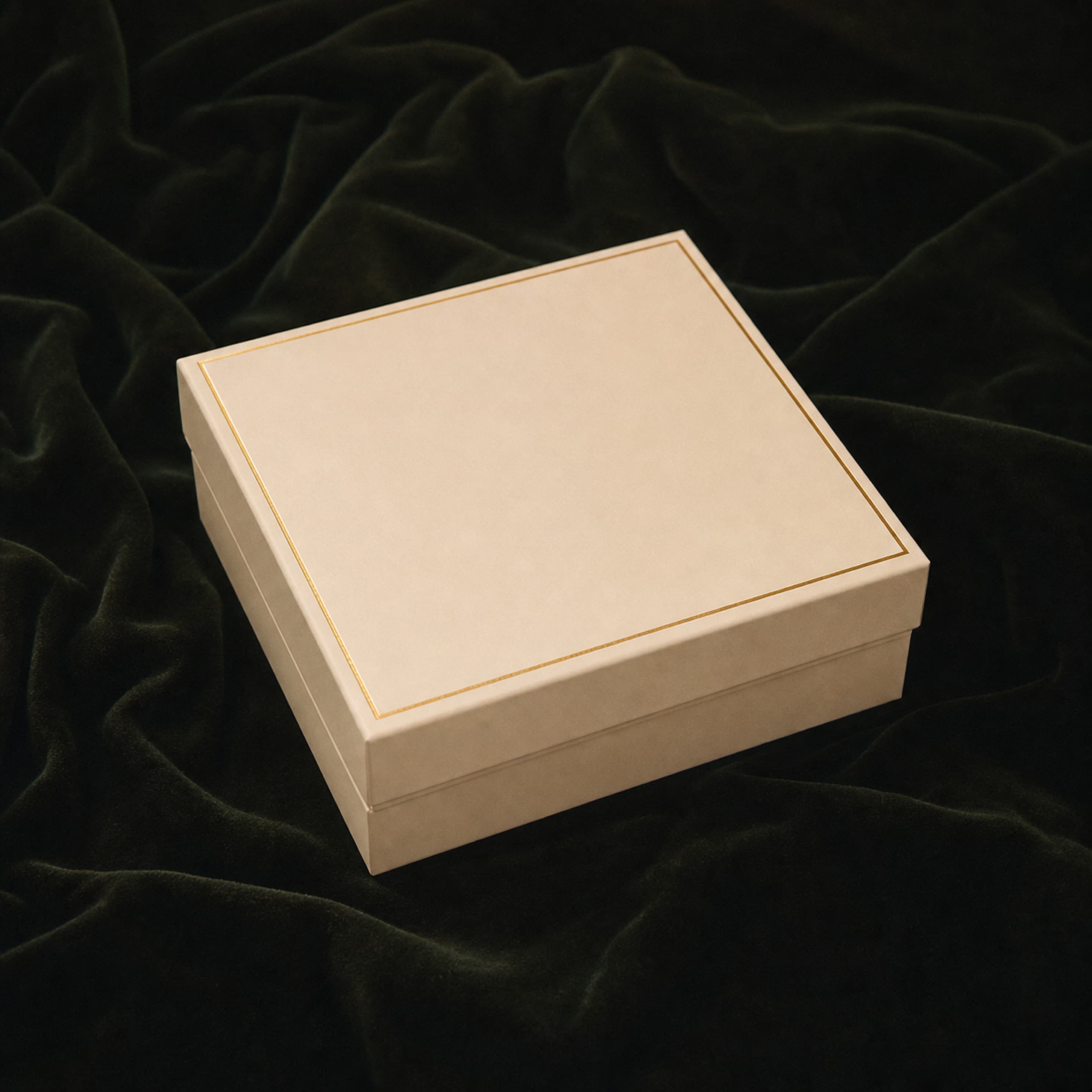 A closed ivory presentation box with a thin gold line on deep green velvet