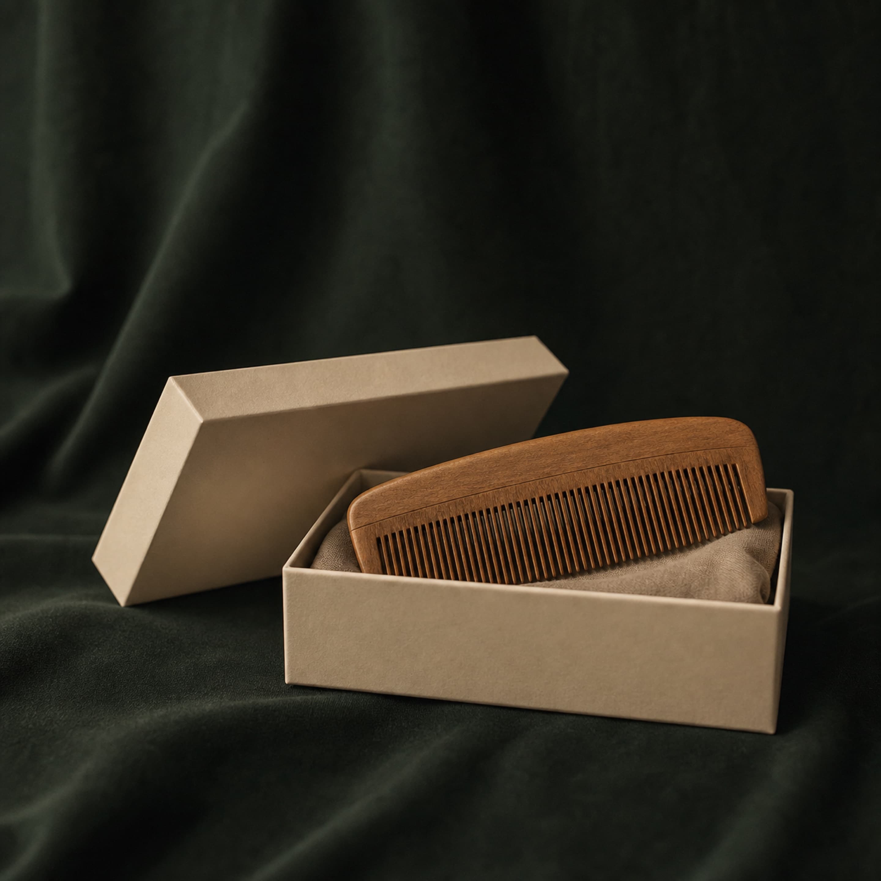 The collection kit with a wooden comb on deep green velvet